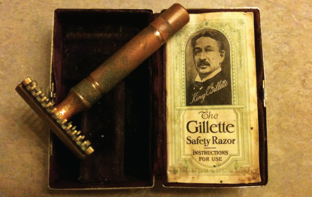 Safety razor on a box, which says King Gillette, The Gillette safety razor, instructions for use.